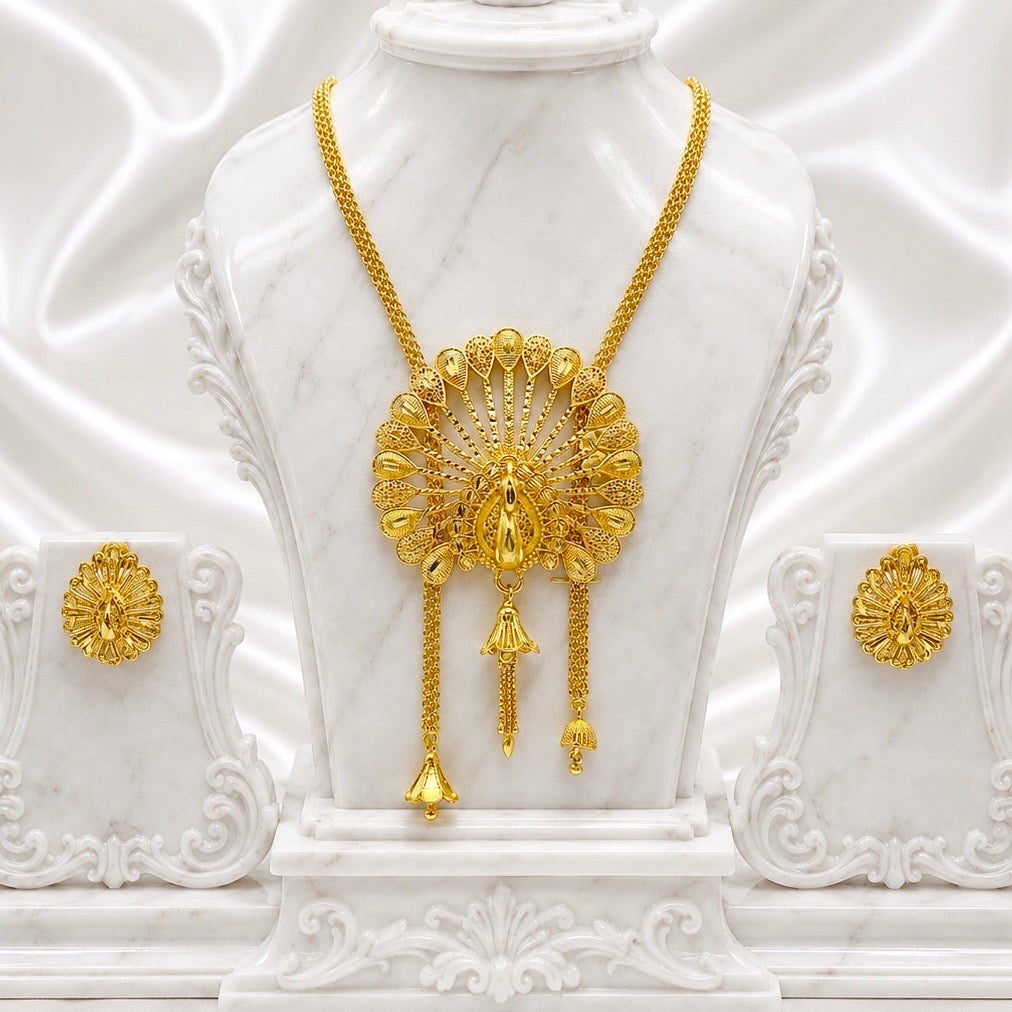 Luxury Temple Peacock Fan Long Tie Chain Necklace Set | Premium Micro Gold Plated Handcrafted Jewellery