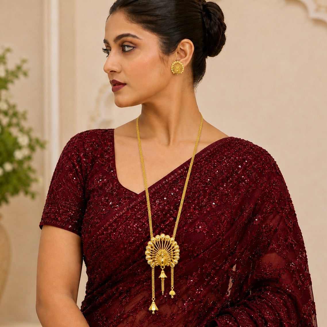 Luxury Temple Peacock Fan Long Tie Chain Necklace Set | Premium Micro Gold Plated Handcrafted Jewellery