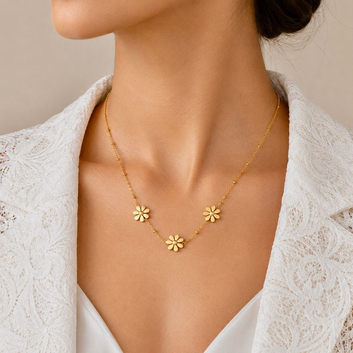 18K Gold Plated Floral Necklace | Anti Tarnish Minimal Daisy Beaded Chain Necklace