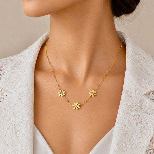 18K Gold Plated Floral Necklace | Anti Tarnish Minimal Daisy Beaded Chain Necklace