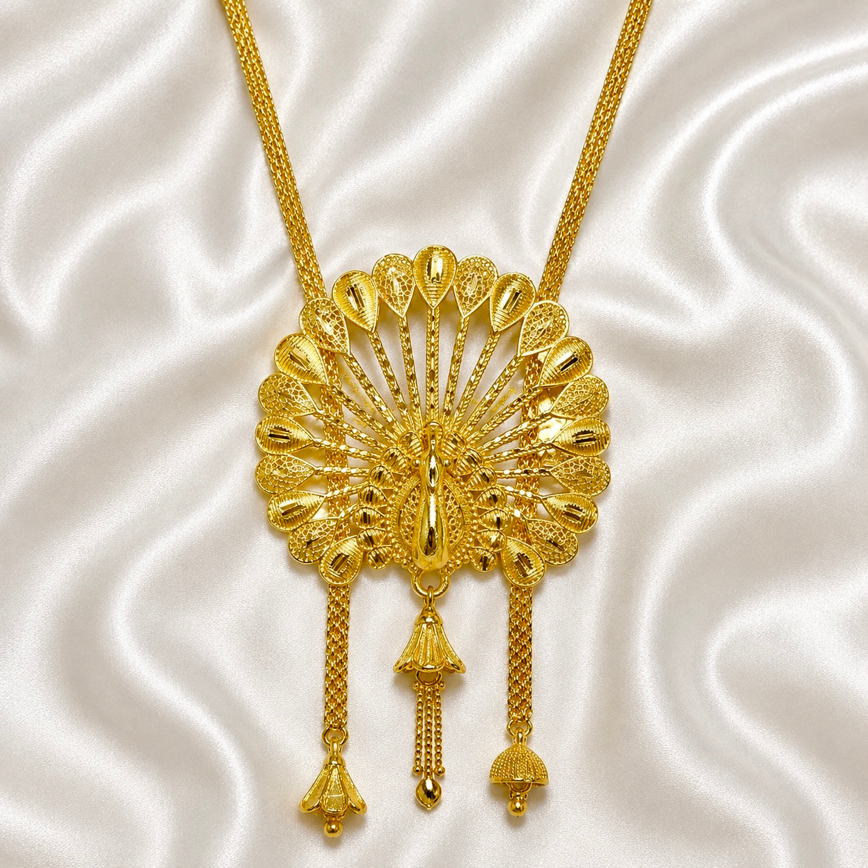 Luxury Temple Peacock Fan Long Tie Chain Necklace Set | Premium Micro Gold Plated Handcrafted Jewellery
