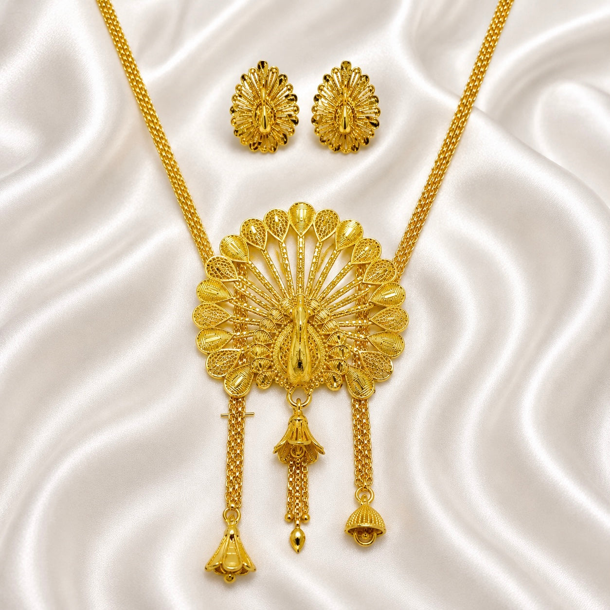Luxury Temple Peacock Fan Long Tie Chain Necklace Set | Premium Micro Gold Plated Handcrafted Jewellery