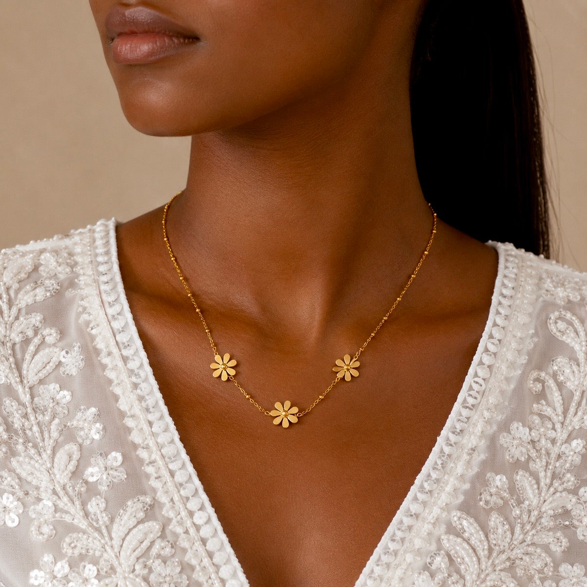 18K Gold Plated Floral Necklace | Anti Tarnish Minimal Daisy Beaded Chain Necklace