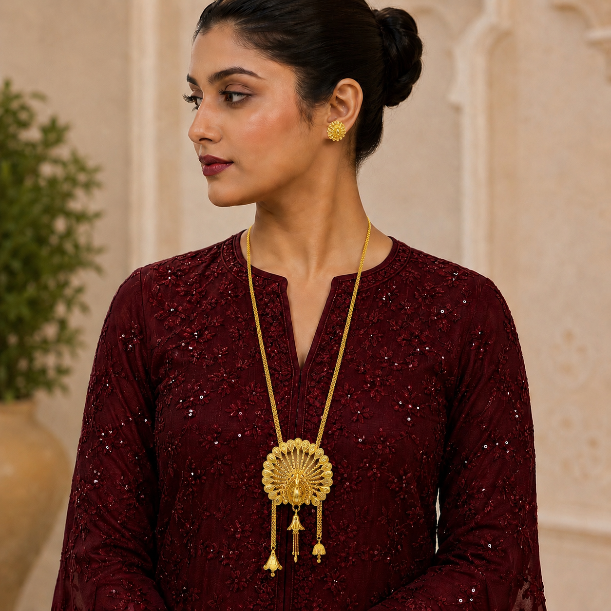 Luxury Temple Peacock Fan Long Tie Chain Necklace Set | Premium Micro Gold Plated Handcrafted Jewellery