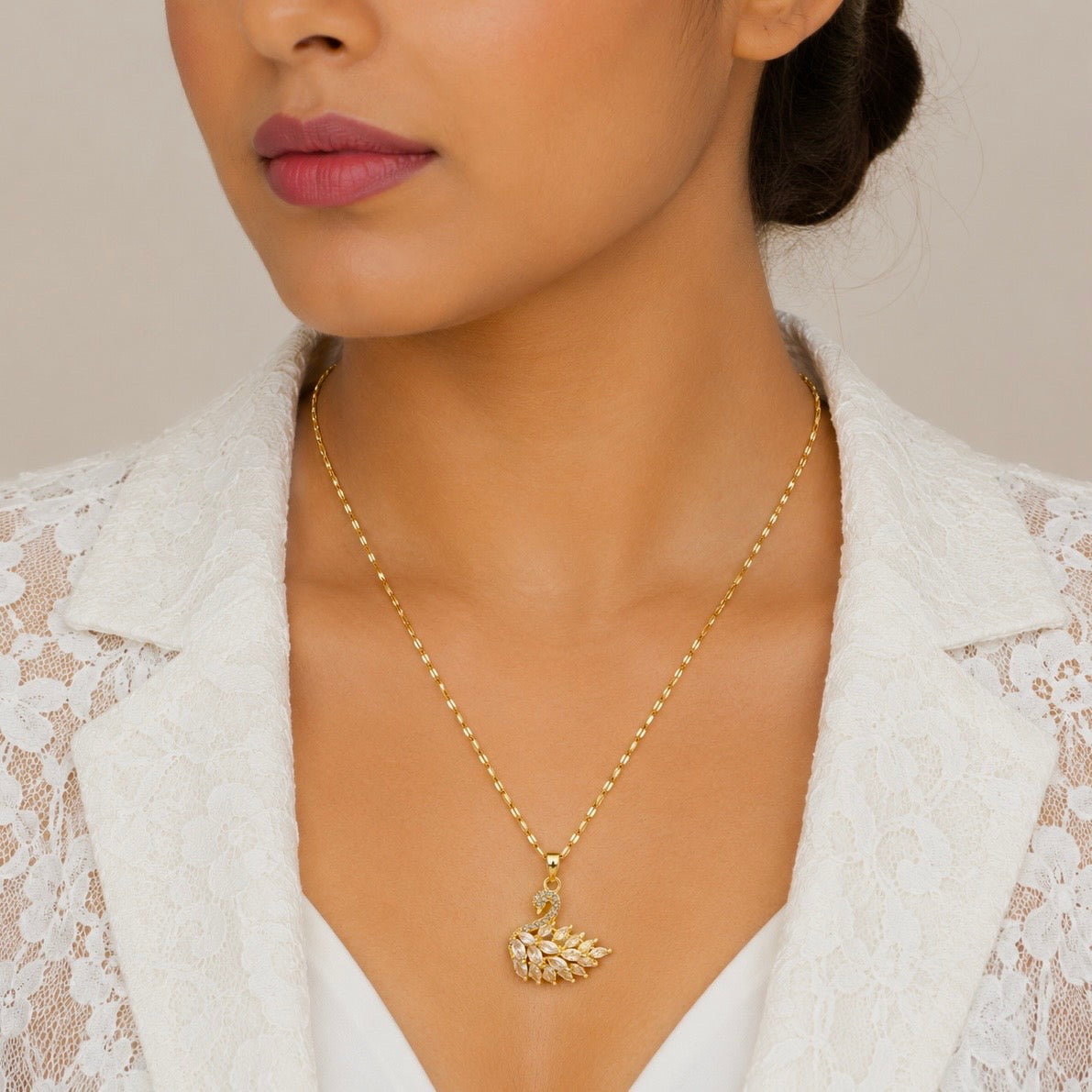 18K Gold Plated Swan Pendant Necklace with AD Stones | Anti Tarnish Luxury Necklace