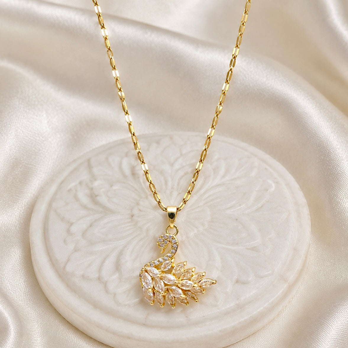 18K Gold Plated Swan Pendant Necklace with AD Stones | Anti Tarnish Luxury Necklace
