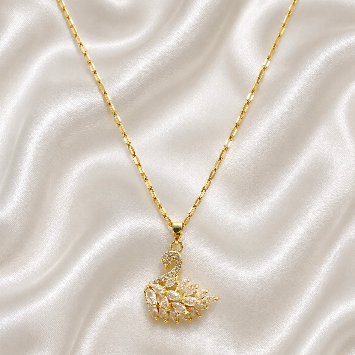 18K Gold Plated Swan Pendant Necklace with AD Stones | Anti Tarnish Luxury Necklace