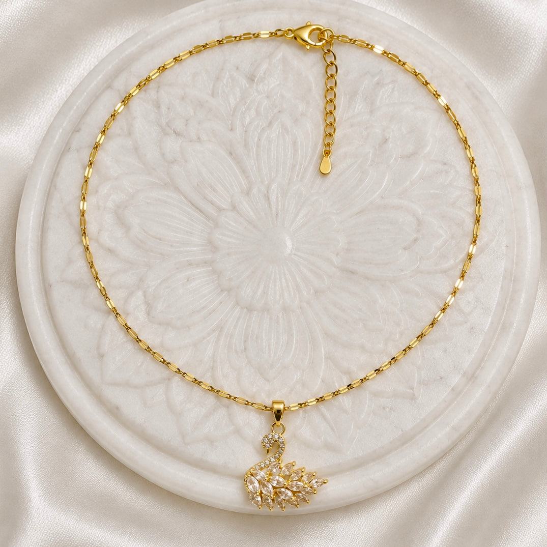 18K Gold Plated Swan Pendant Necklace with AD Stones | Anti Tarnish Luxury Necklace