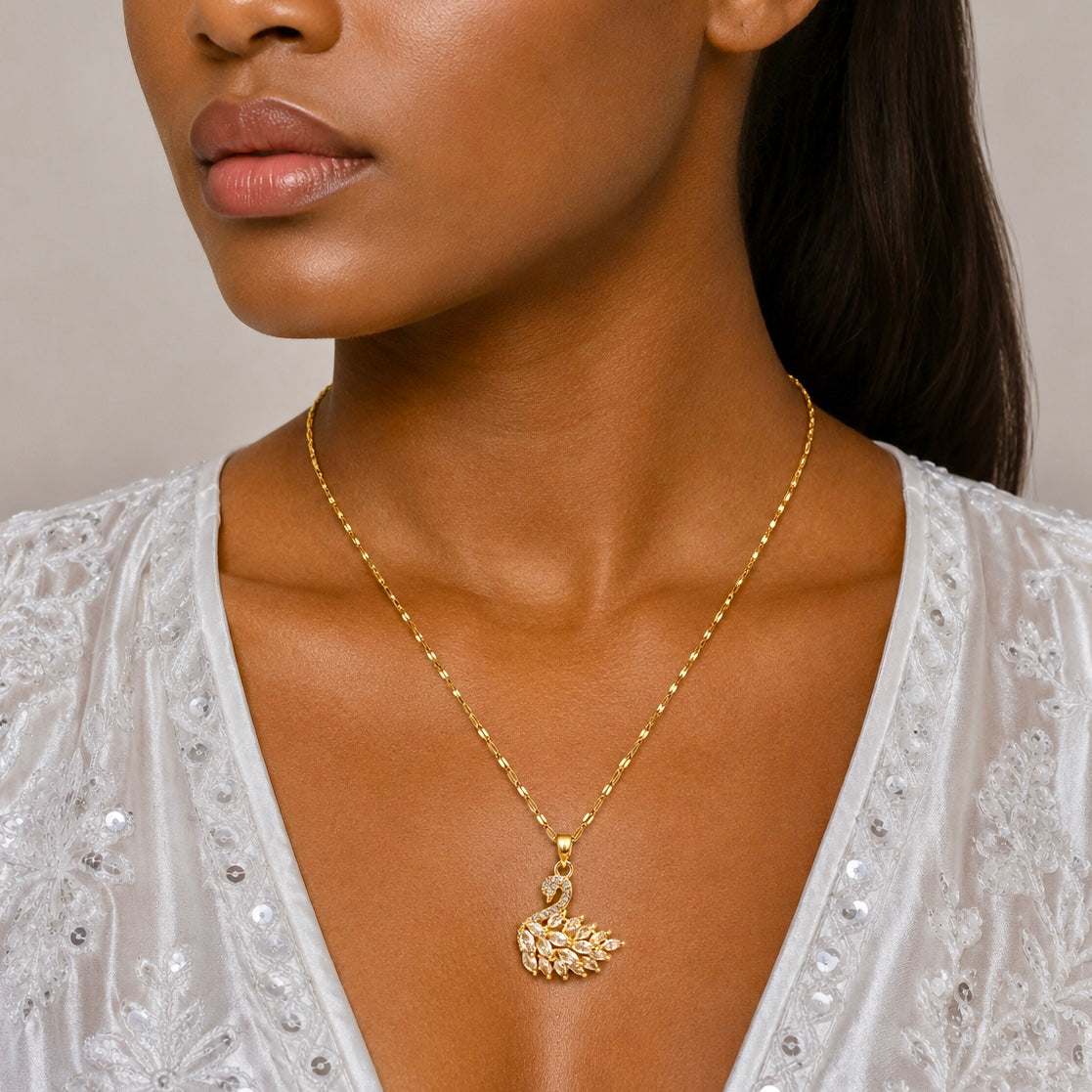 18K Gold Plated Swan Pendant Necklace with AD Stones | Anti Tarnish Luxury Necklace