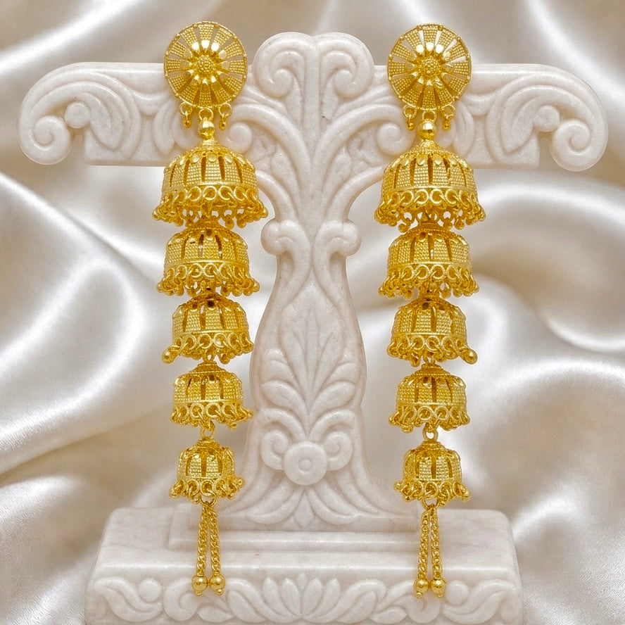 Traditional Multi-Layer Ghungroo Mesh Work Gold Jhumka Earrings | Temple Jewellery