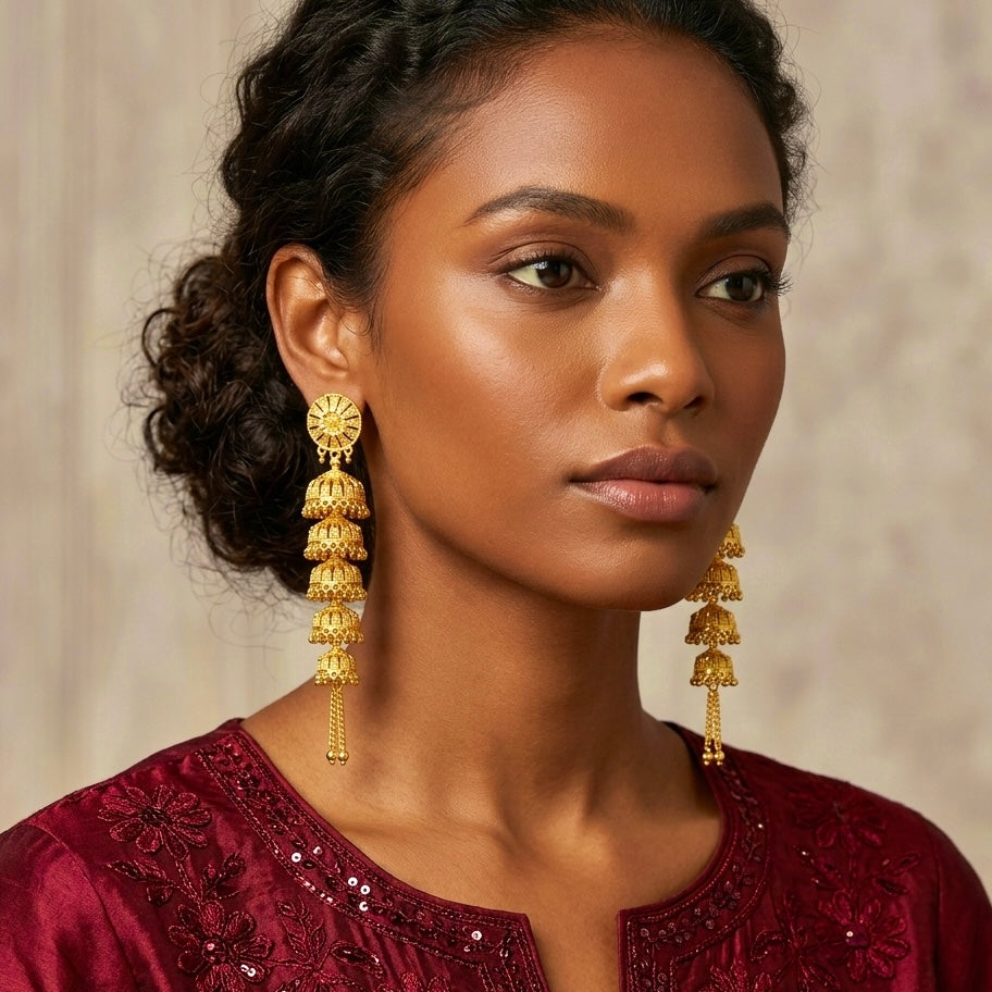 Traditional Multi-Layer Ghungroo Mesh Work Gold Jhumka Earrings | Temple Jewellery