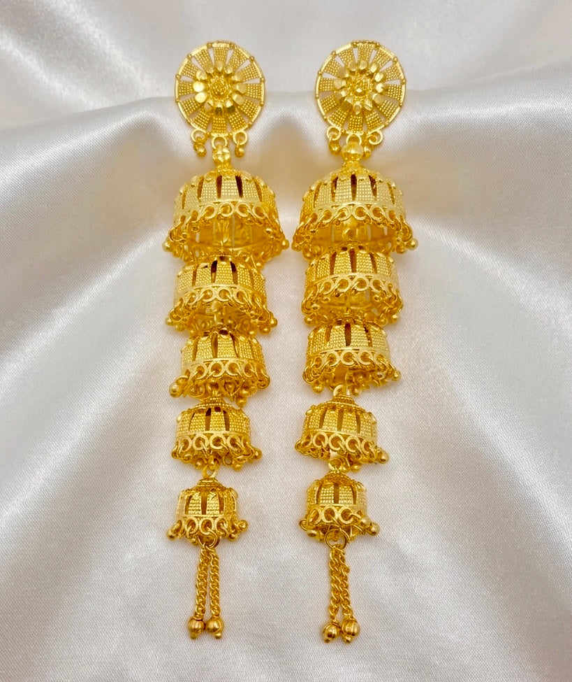 Traditional Multi-Layer Ghungroo Mesh Work Gold Jhumka Earrings | Temple Jewellery