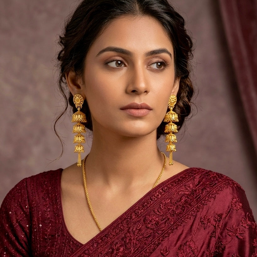 Traditional Multi-Layer Ghungroo Mesh Work Gold Jhumka Earrings | Temple Jewellery
