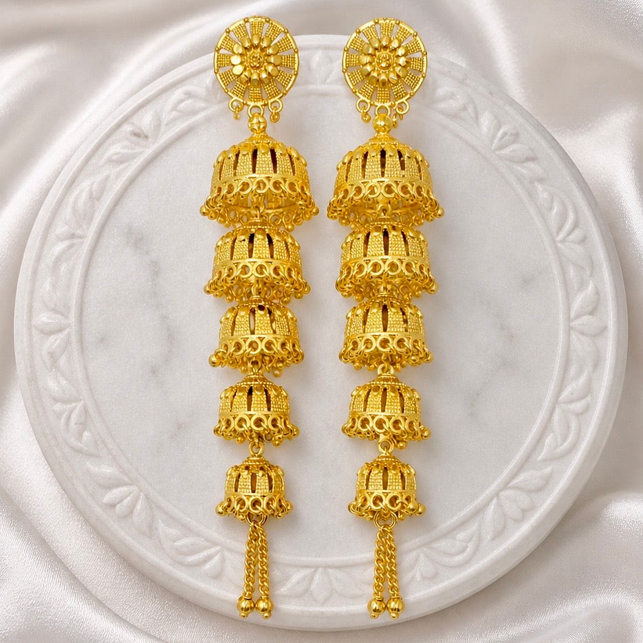 Traditional Multi-Layer Ghungroo Mesh Work Gold Jhumka Earrings | Temple Jewellery