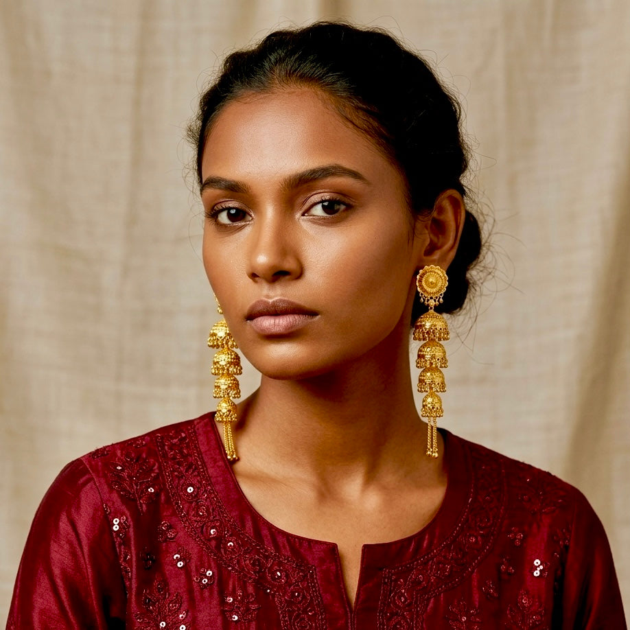 Traditional Gold-Plated Multi-Layer Ghungroo Jhumka Earrings | Temple Jewellery | Handmade