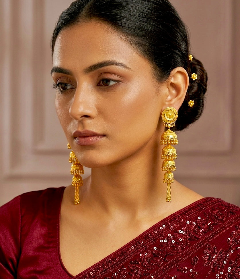 Traditional Gold-Plated Multi-Layer Ghungroo Jhumka Earrings | Temple Jewellery | Handmade