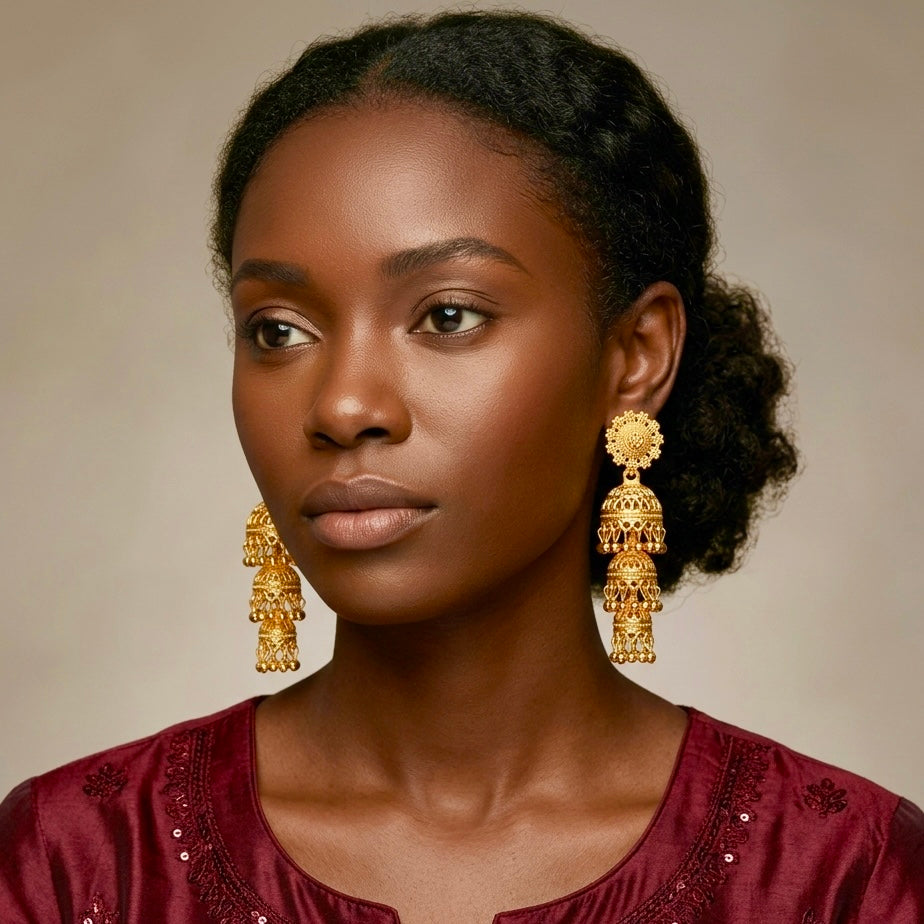 Traditional Gold-Plated Triple Dome Ghungroo Jhumka Earrings | Temple Jewellery