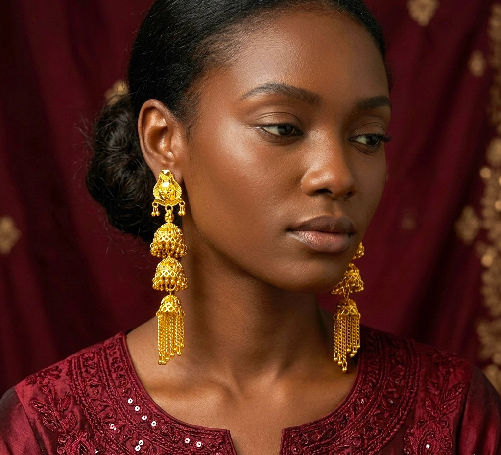 Traditional Floral Tiered Ghungroo Jhumka Earrings – Gold-Plated Temple Jewellery