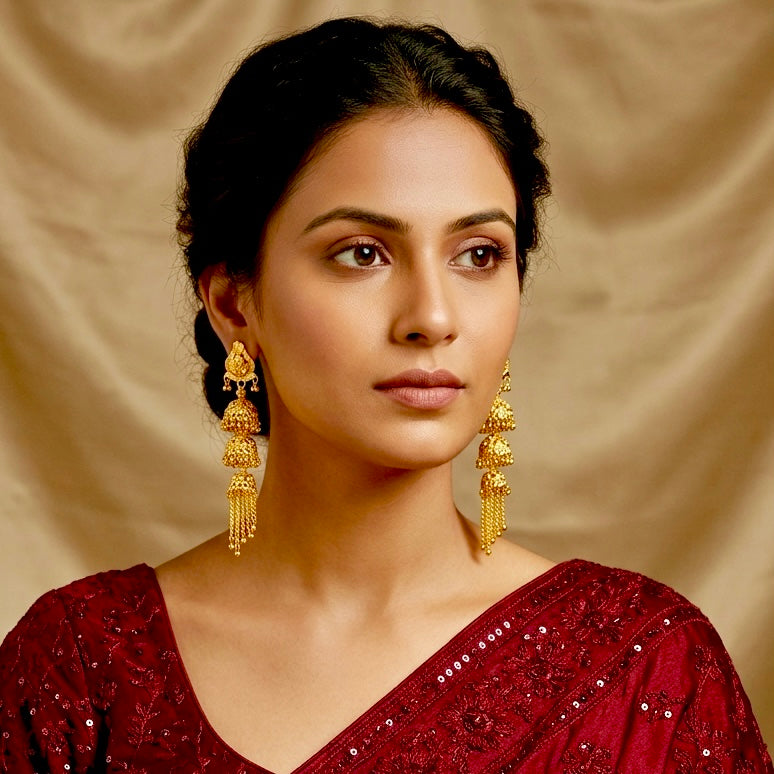 Traditional Floral Tiered Ghungroo Jhumka Earrings – Gold-Plated Temple Jewellery