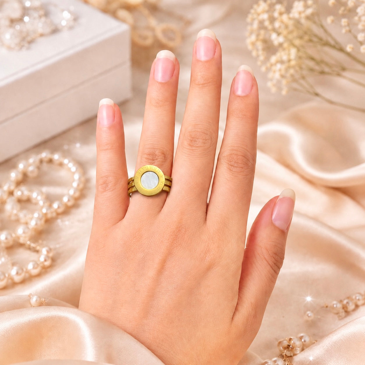 18K Gold Plated Roman Ring | Mother of Pearl Anti Tarnish Statement Ring