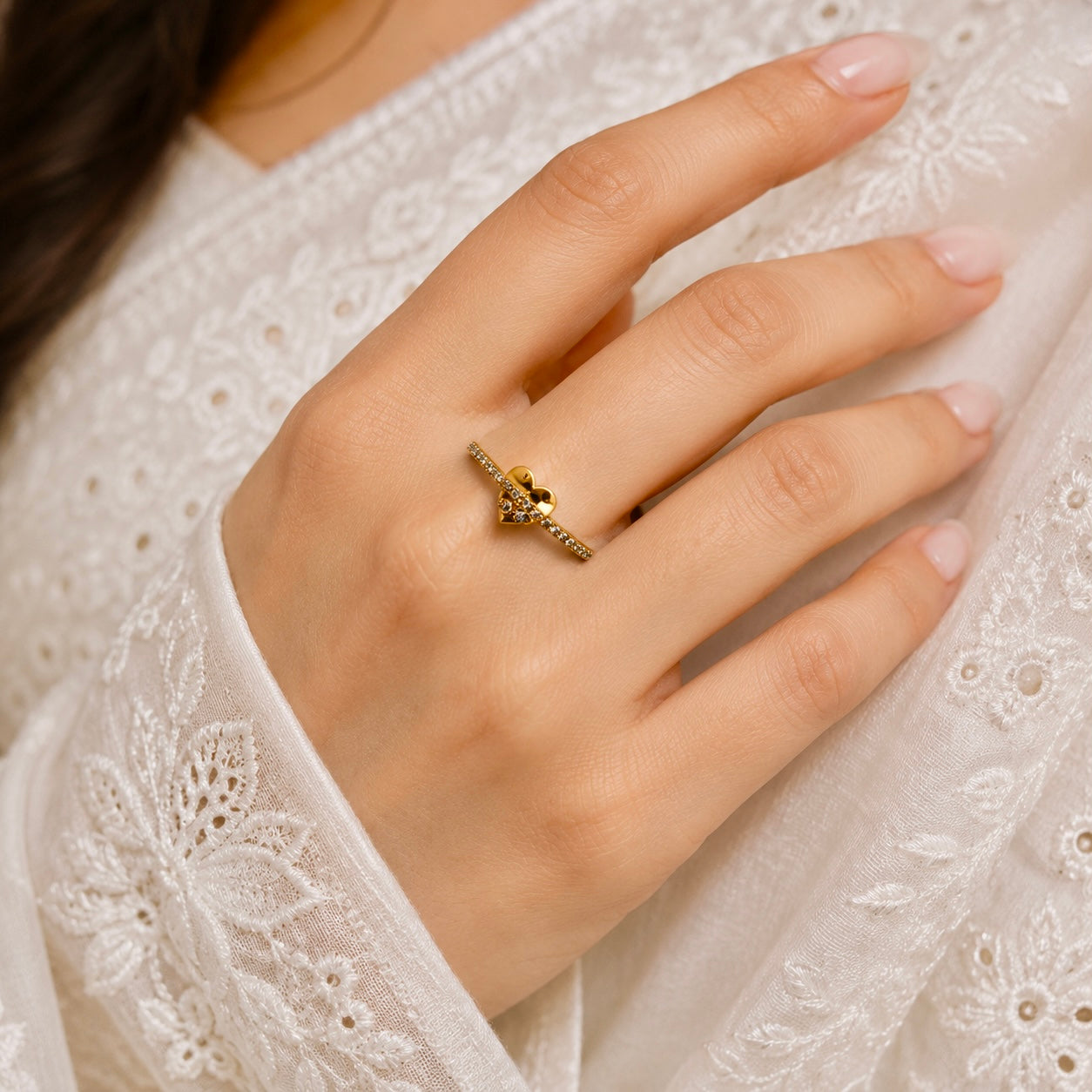 Elegant Micro Gold-Plated Heart AD Ring | Premium Crystal Cut Handmade Daily Wear Ring