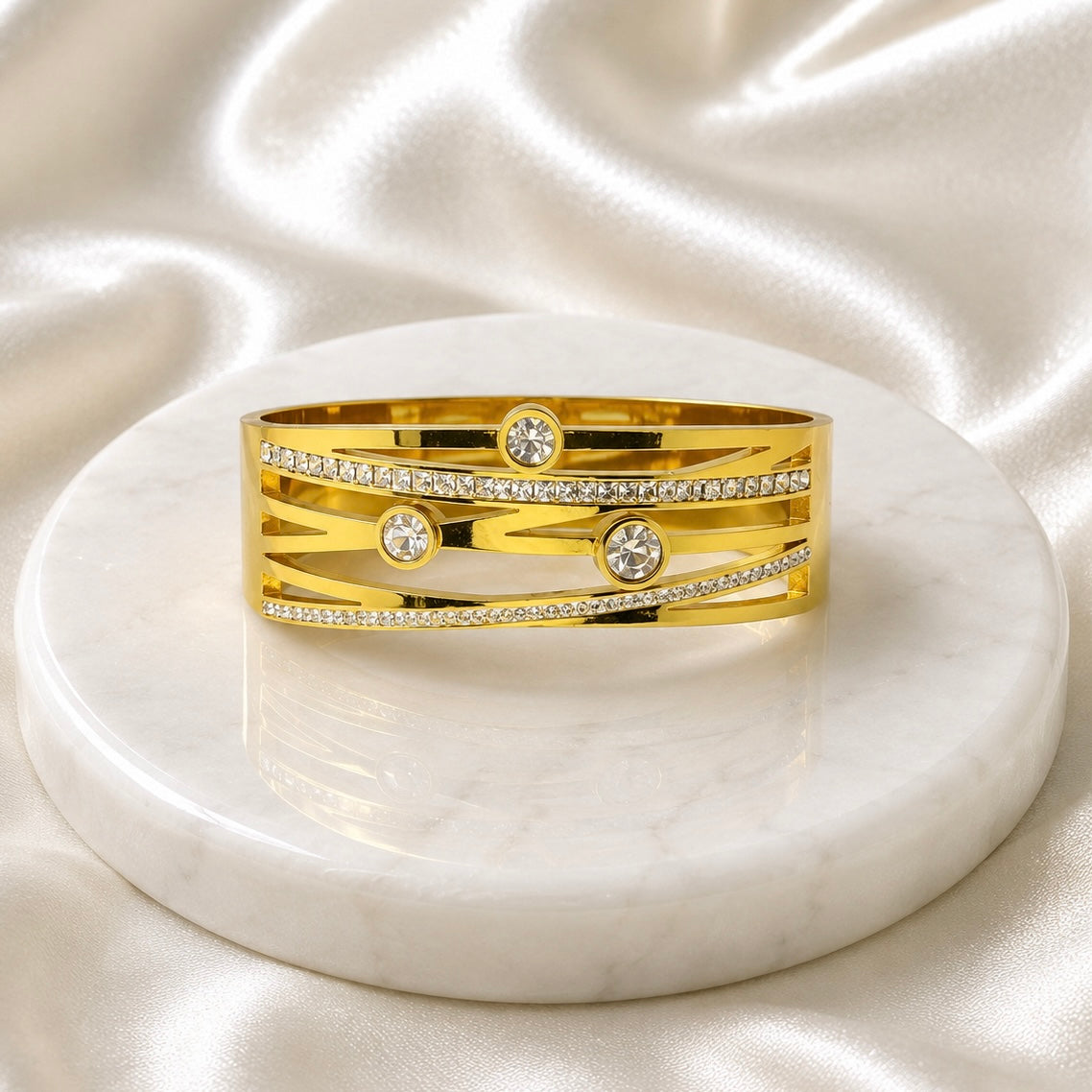 Premium Gold-Plated Crystal Stone Anti Tarnish Cuff Bracelet | Designer Bracelet for Women