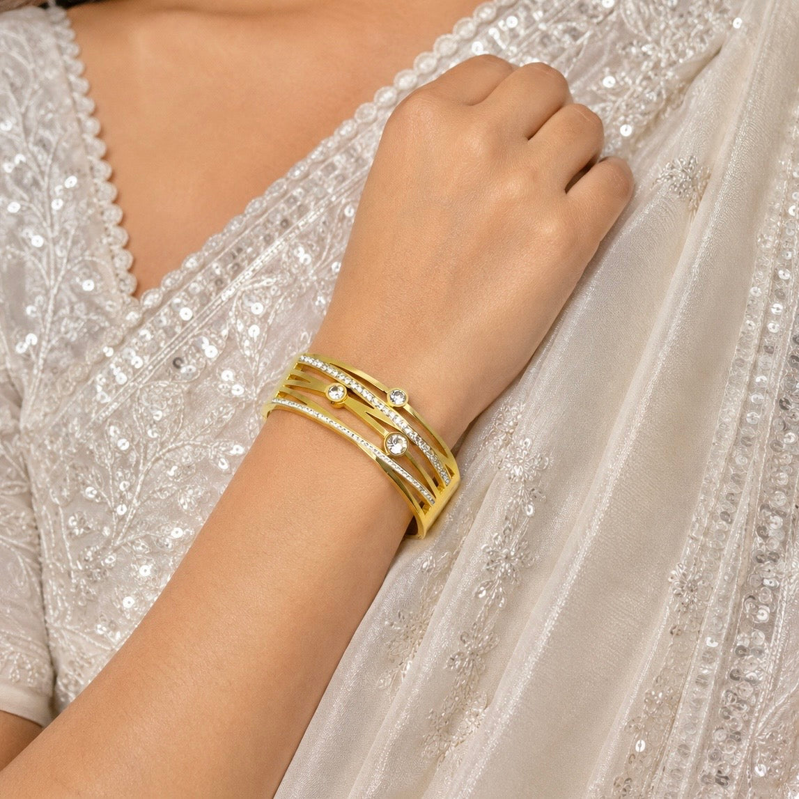 Premium Gold-Plated Crystal Stone Anti Tarnish Cuff Bracelet | Designer Bracelet for Women