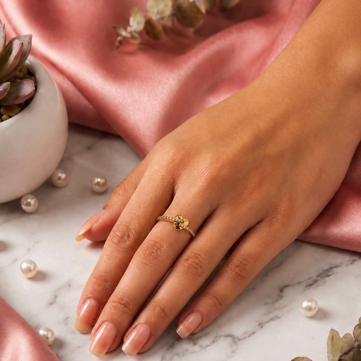 Elegant Micro Gold-Plated Heart AD Ring | Premium Crystal Cut Handmade Daily Wear Ring