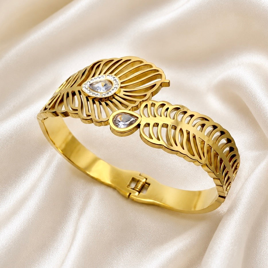 Premium Gold-Plated Leaf Design Anti Tarnish Cuff Bracelet | Designer Crystal Stone Bracelet