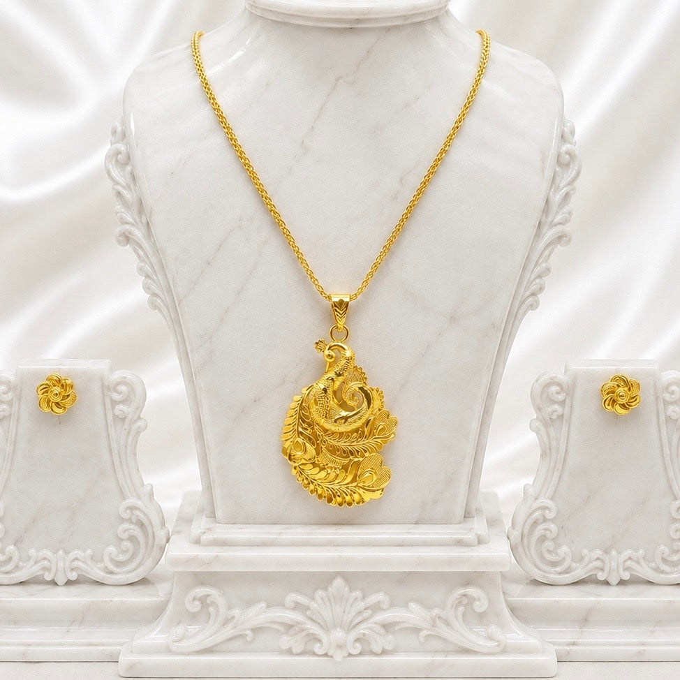 Temple Peacock Design Pendant Necklace Set | Micro Gold Plated Handcrafted Jewellery with Earrings