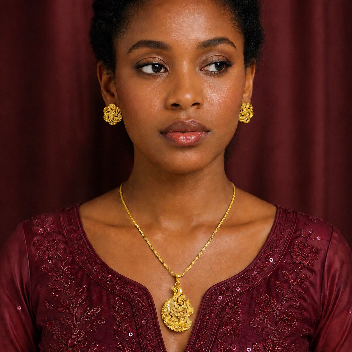 Temple Peacock Design Pendant Necklace Set | Micro Gold Plated Handcrafted Jewellery with Earrings