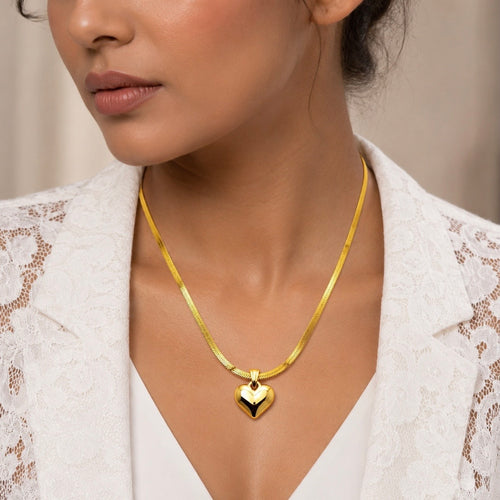 18K Gold Plated Snake Chain Necklace with Solid Heart Pendant | Anti Tarnish High Shine Adjustable Chain
