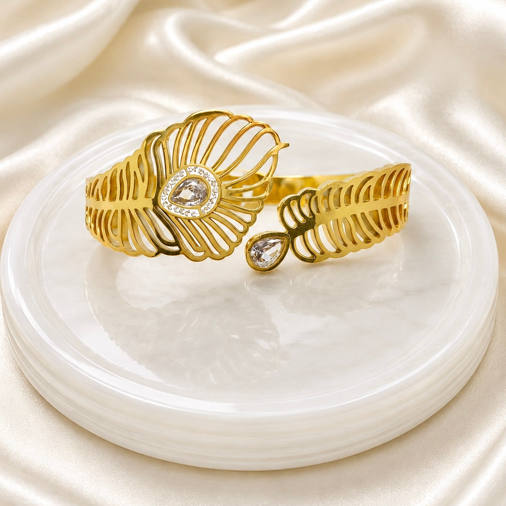 Premium Gold-Plated Leaf Design Anti Tarnish Cuff Bracelet | Designer Crystal Stone Bracelet