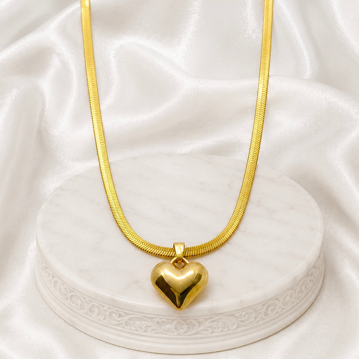 18K Gold Plated Snake Chain Necklace with Solid Heart Pendant | Anti Tarnish High Shine Adjustable Chain
