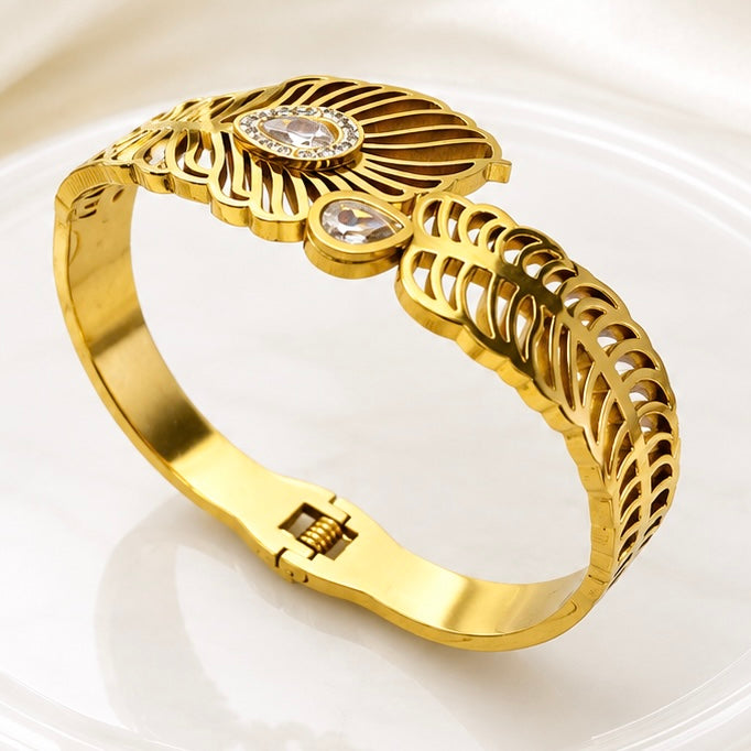 Premium Gold-Plated Leaf Design Anti Tarnish Cuff Bracelet | Designer Crystal Stone Bracelet