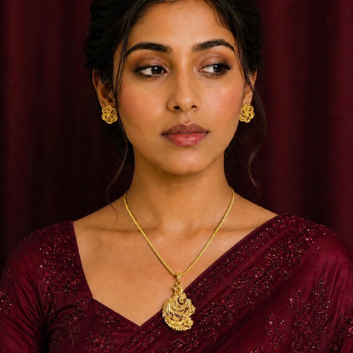Temple Peacock Design Pendant Necklace Set | Micro Gold Plated Handcrafted Jewellery with Earrings