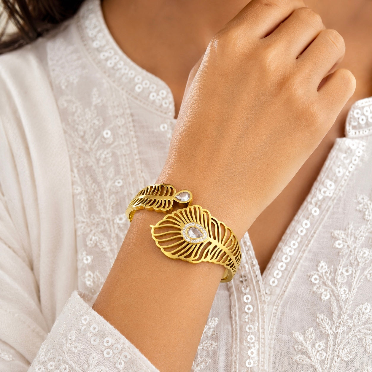 Premium Gold-Plated Leaf Design Anti Tarnish Cuff Bracelet | Designer Crystal Stone Bracelet