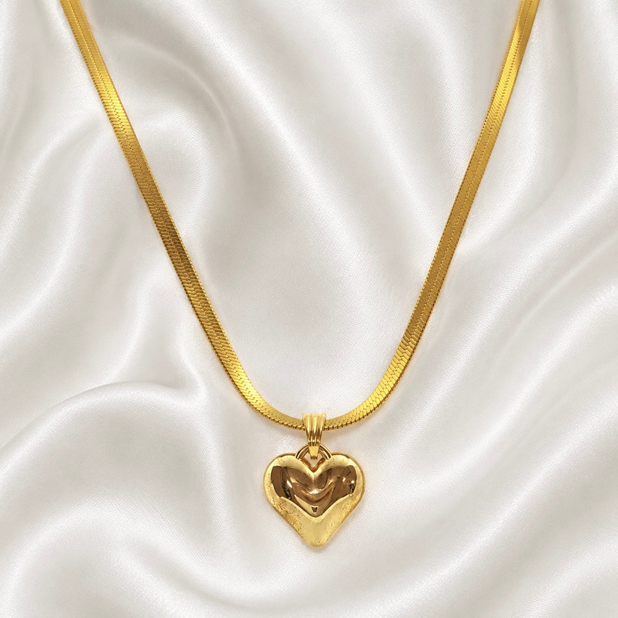 18K Gold Plated Snake Chain Necklace with Solid Heart Pendant | Anti Tarnish High Shine Adjustable Chain