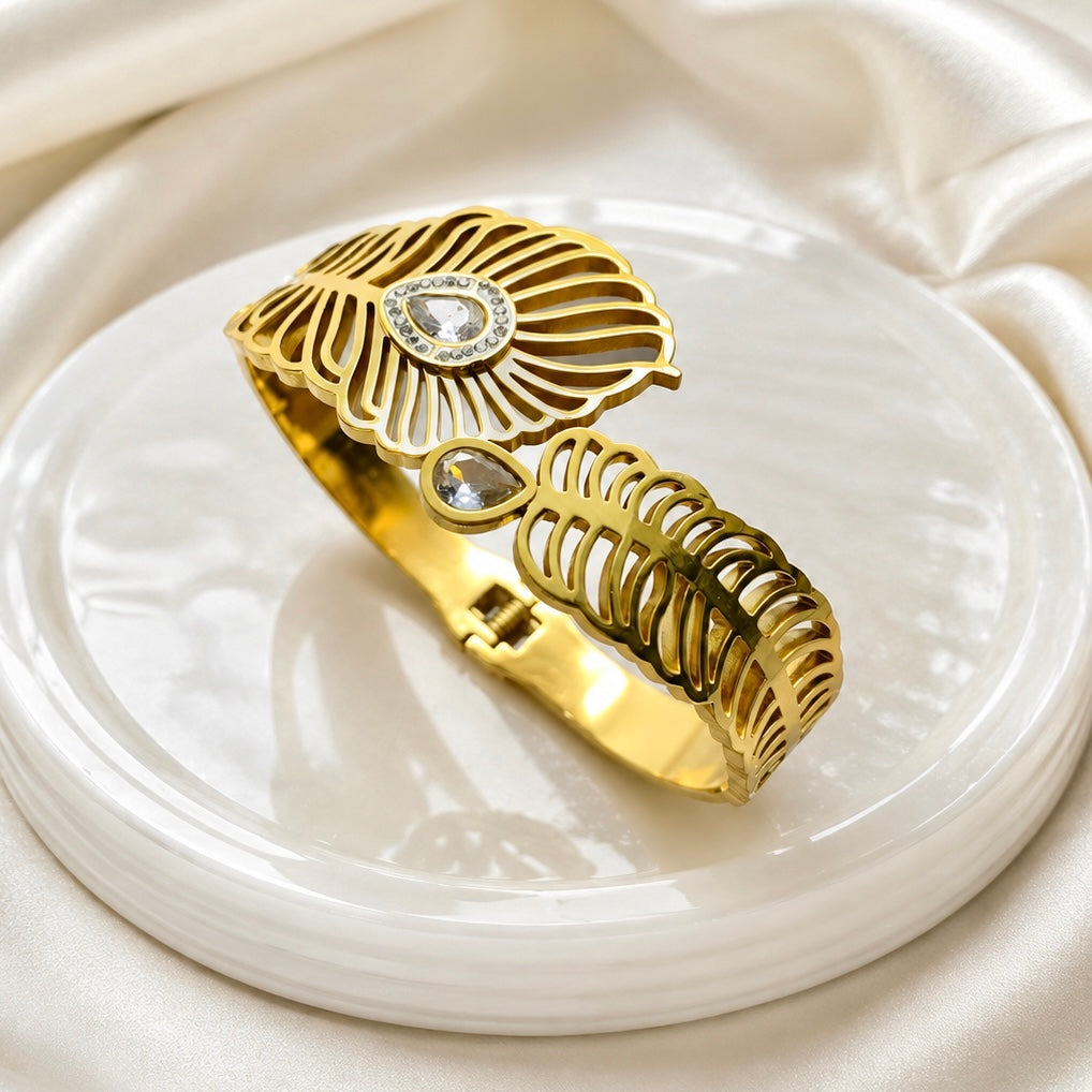 Premium Gold-Plated Leaf Design Anti Tarnish Cuff Bracelet | Designer Crystal Stone Bracelet