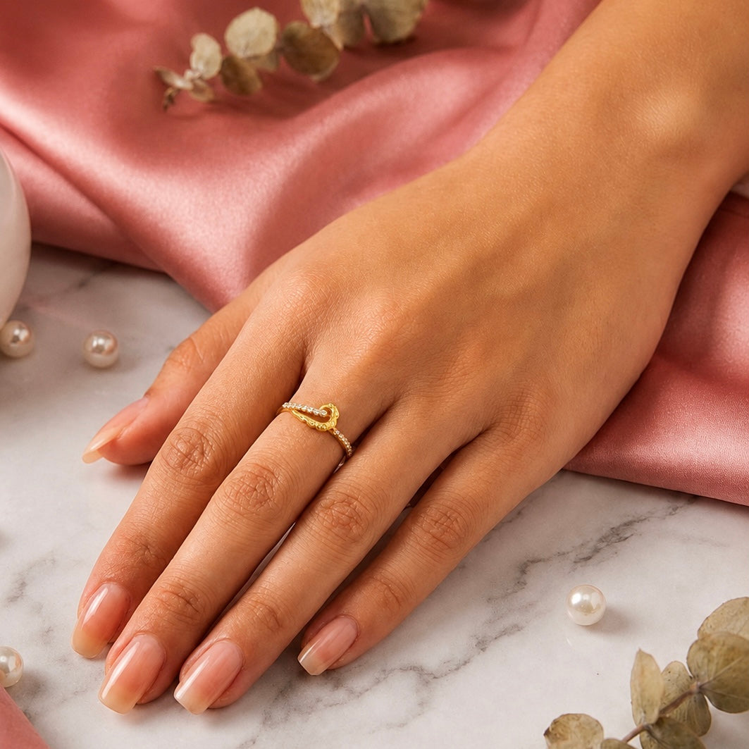 Elegant Micro Gold-Plated Heart AD Ring | Premium Crystal Cut Handmade Daily Wear Ring