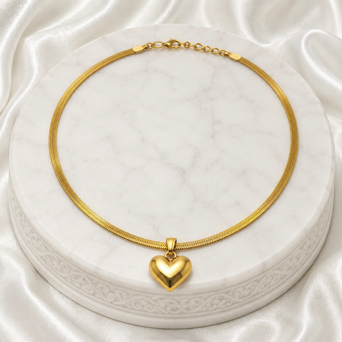 18K Gold Plated Snake Chain Necklace with Solid Heart Pendant | Anti Tarnish High Shine Adjustable Chain