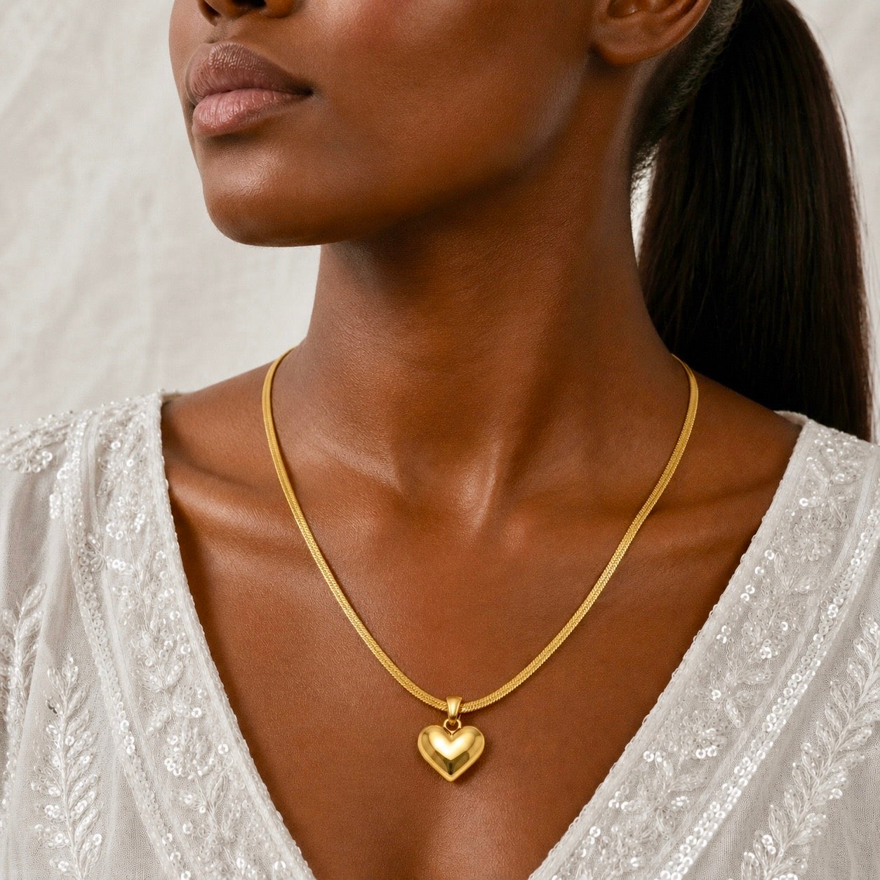 18K Gold Plated Snake Chain Necklace with Solid Heart Pendant | Anti Tarnish High Shine Adjustable Chain