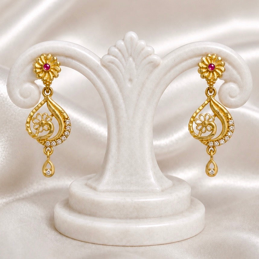 Floral AD & Ruby Drop Earrings – Micro plated Gold | Daily Wear Elegance