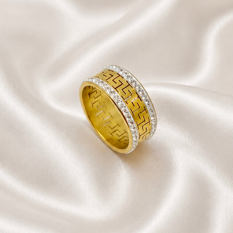 18K Gold Plated Greek Pattern Ring | Anti Tarnish AD Stone Statement Ring Pricing