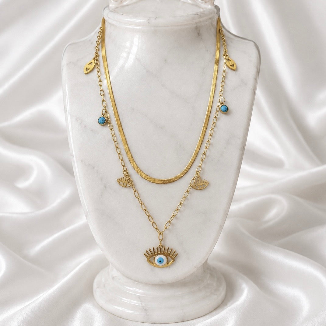 18K Gold Plated Evil Eye Layered Snake Chain Necklace | Anti Tarnish Adjustable Double Layer Chain