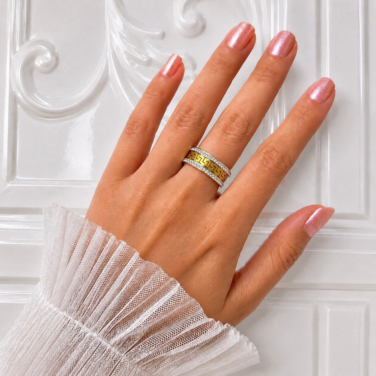 18K Gold Plated Greek Pattern Ring | Anti Tarnish AD Stone Statement Ring Pricing