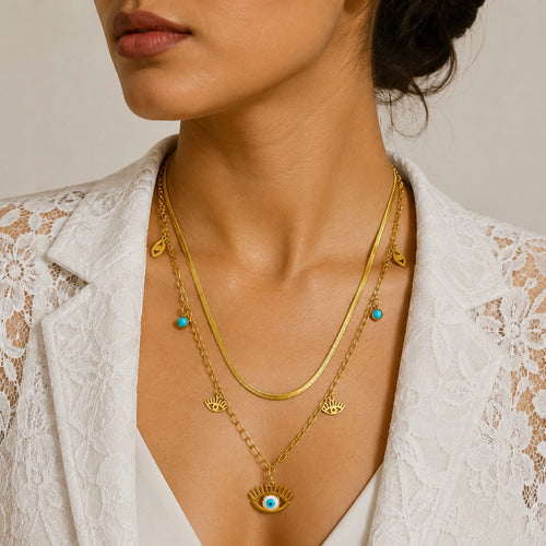 18K Gold Plated Evil Eye Layered Snake Chain Necklace | Anti Tarnish Adjustable Double Layer Chain