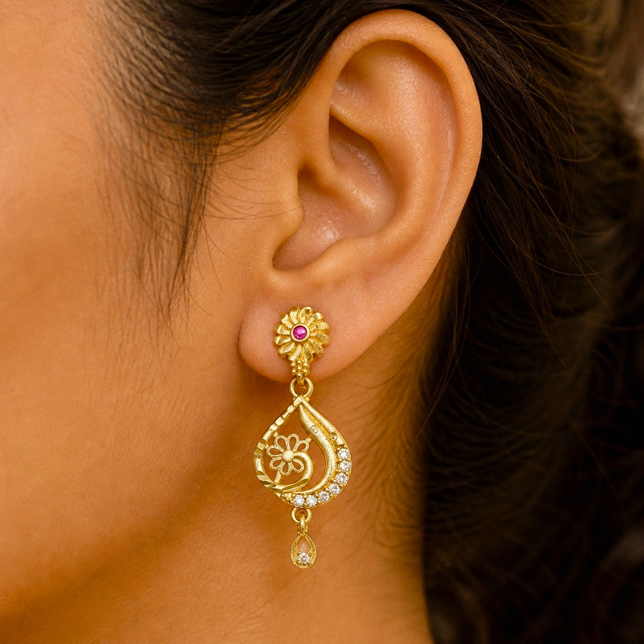Floral AD & Ruby Drop Earrings – Micro plated Gold | Daily Wear Elegance