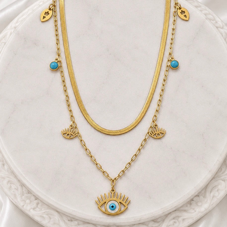 18K Gold Plated Evil Eye Layered Snake Chain Necklace | Anti Tarnish Adjustable Double Layer Chain