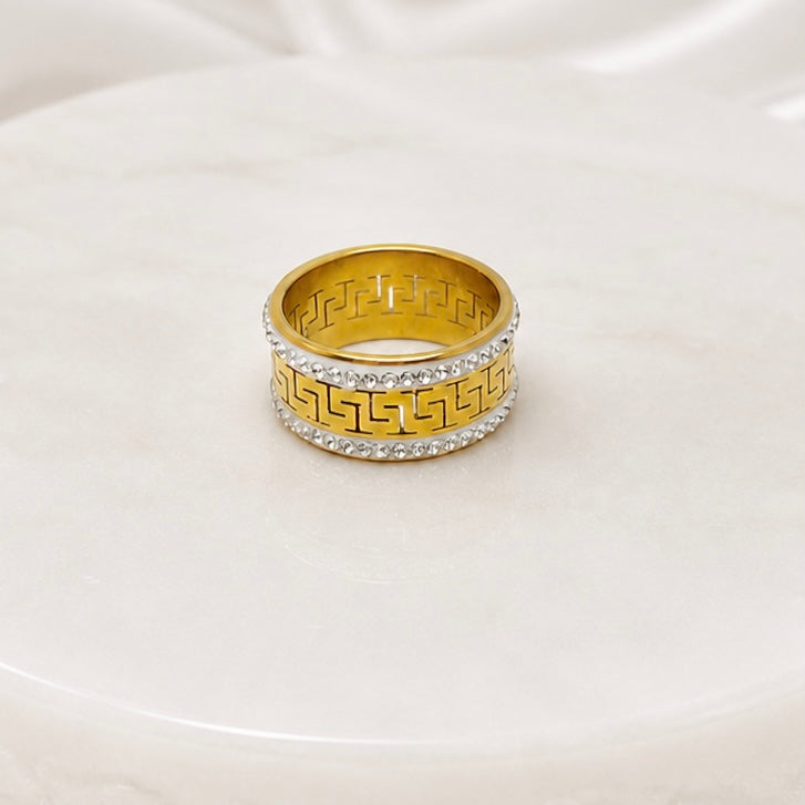 18K Gold Plated Greek Pattern Ring | Anti Tarnish AD Stone Statement Ring Pricing